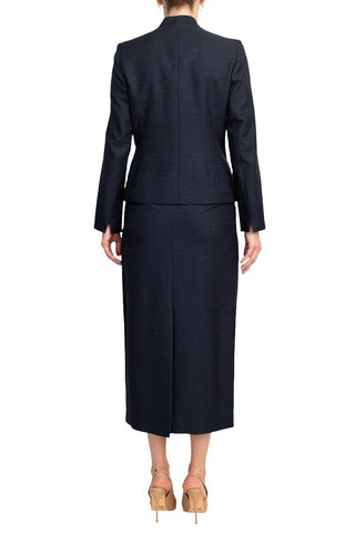 Le Suit Shimmer Tweed One Button No Pocket Jacket and Column Skirt Set - Navy - Back