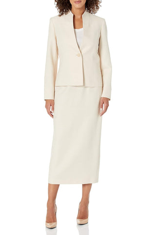 Le Suit Shimmer Tweed One Button No Pocket Jacket and Column Skirt Set - Light Gold - Front