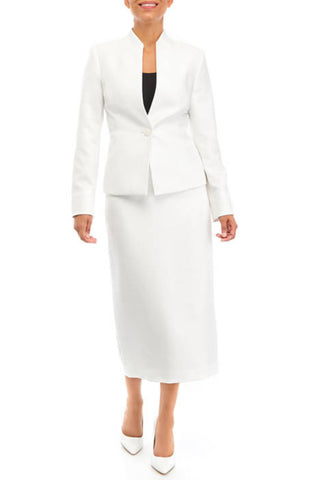 Le Suit Shimmer Tweed One Button No Pocket Jacket and Column Skirt Set - White - Front