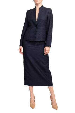 Le Suit Shimmer Tweed One Button No Pocket Jacket and Column Skirt Set - Navy - Front