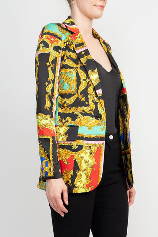 Industry Notched Collar One Button Closure Long Sleeve Multi Print Blazer