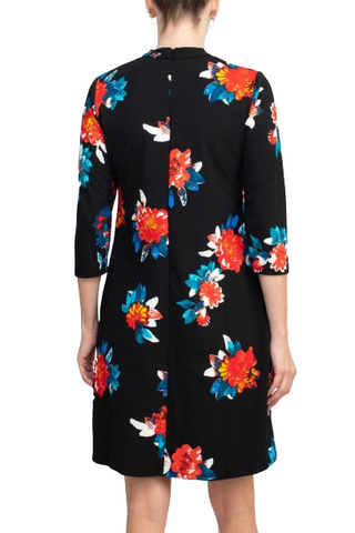 Danillo Crew Neck 3/4 Sleeve A-Line Zipper Back Floral Print Crepe Dress - Black Multi - Back