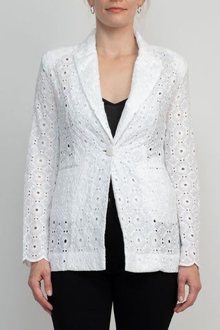 Industry Lapel Collar Long Sleeve One Button Closure Eyelet Lace Blazer