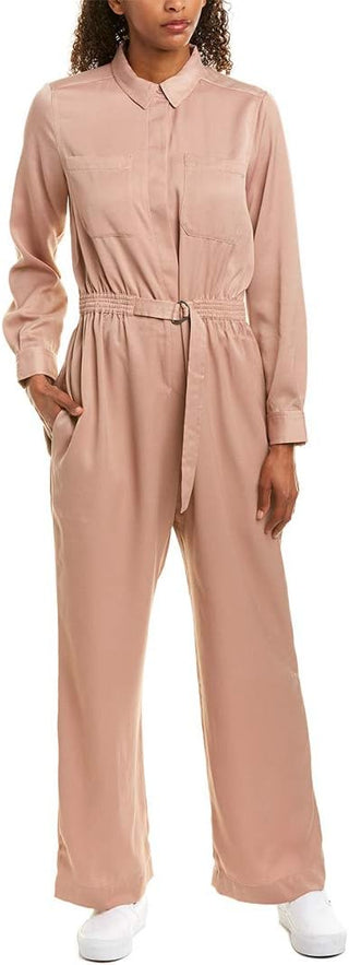 French Connection Collared Long Sleeve Belted Elastic Waist Solid Crepe Satin Jumpsuit