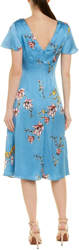 Avec Les Filles V-Neck Short Sleeve Ruched Floral Print Zipper Back Satin Dress