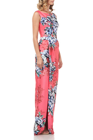 Floral printed mikado column gown with fold over waist band and front slit