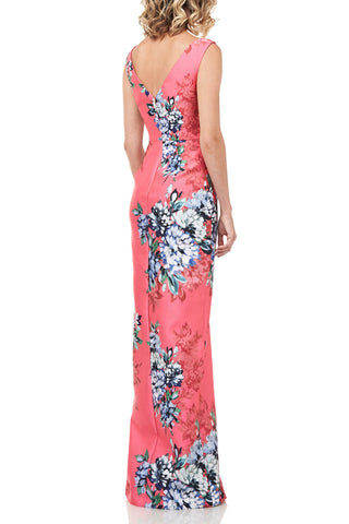 Floral printed mikado column gown with fold over waist band and front slit