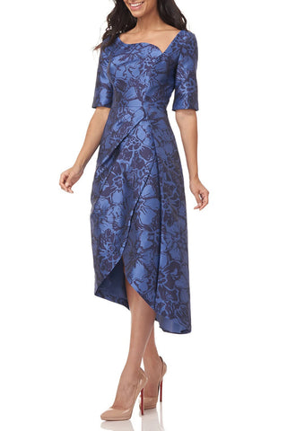 Kay Unger Asymmetrical Curved Neck Short Sleeve Tea Length Jacquard Dress