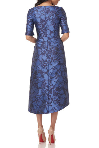 Kay Unger Asymmetrical Curved Neck Short Sleeve Tea Length Jacquard Dress
