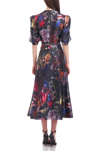 Kay Unger V-Neck Puffed Elbow Sleeve Belted Multi Print with Pockets Organza Dress