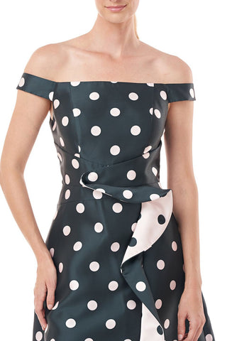 Kay Unger Off-Shoulder Zipper Back Ruffle Flared Tea Length Skirt Polka Dot Print Jacquard Dress with Pockets