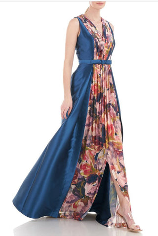 Kay Unger V-Neck Sleeveless A-Line Chiffon Floral Print Side Pockets Pleated Jacquard Dress - Ink Multi - Side View