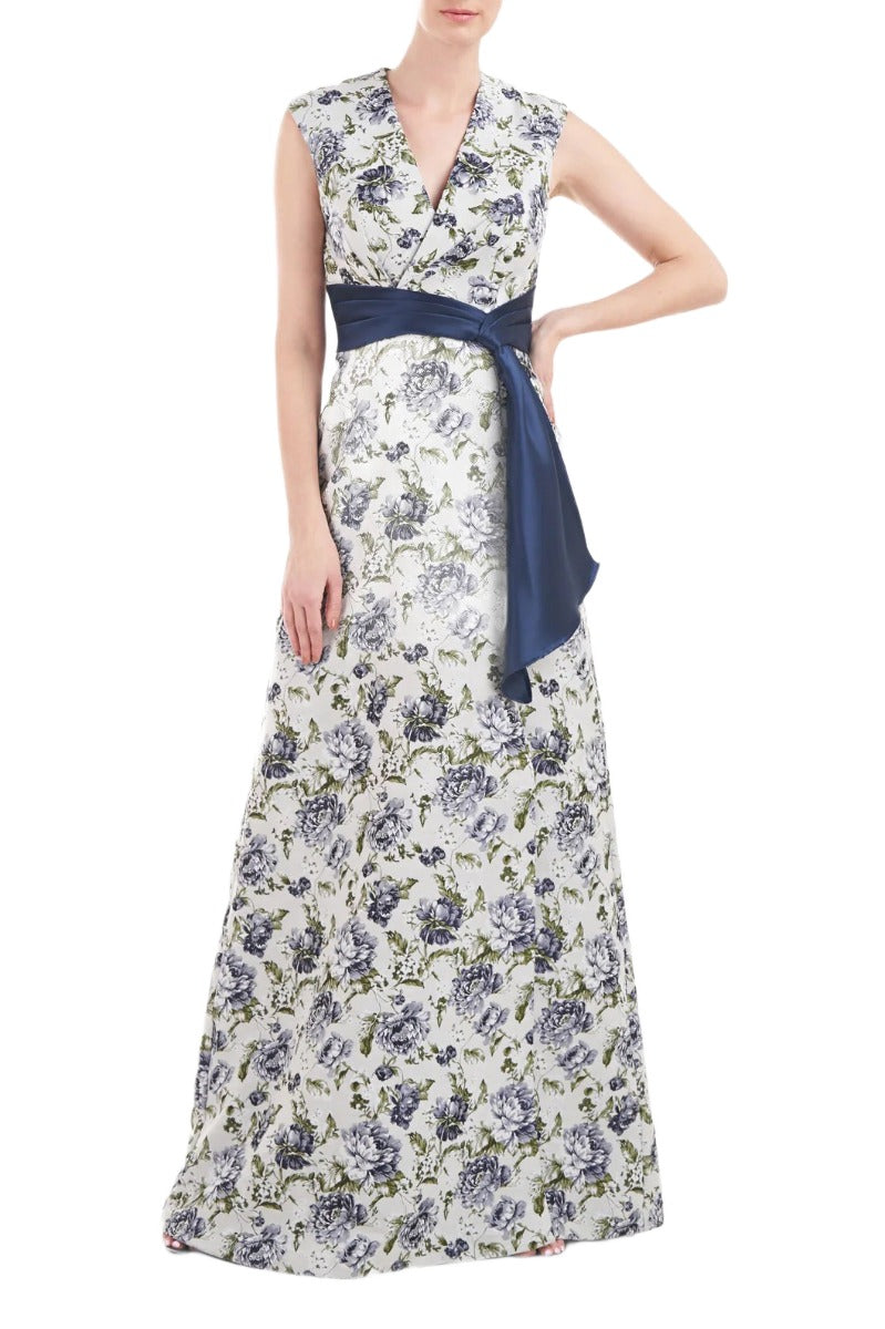 Kay Unger V-Neck Sleeveless Wrap Bodice with Pleats Waist Band A-Line Jacquard Dress | Available at Curated Brands in Los Angeles Kay Unger V-Neck Sleeveless Wrap Bodice with Pleats Waist Band A-Line Jacquard Dress | Available at Curated Brands in Los Angeles