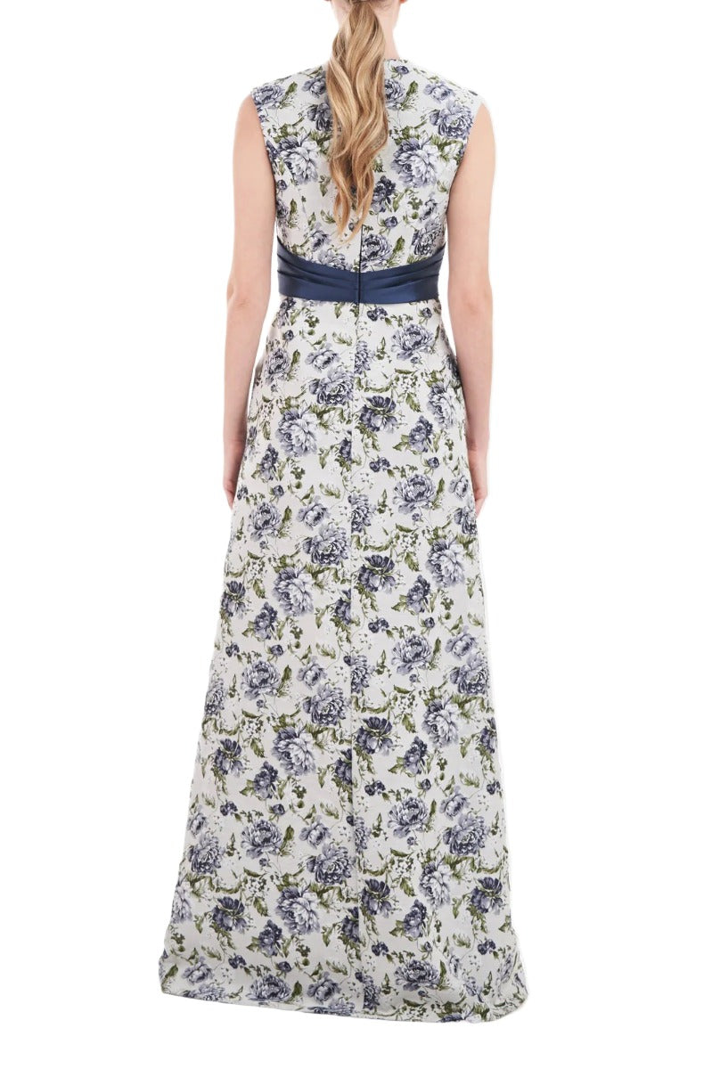 Kay Unger V-Neck Sleeveless Wrap Bodice with Pleats Waist Band A-Line Jacquard Dress | Available at Curated Brands in Los Angeles Kay Unger V-Neck Sleeveless Wrap Bodice with Pleats Waist Band A-Line Jacquard Dress | Available at Curated Brands in Los Angeles