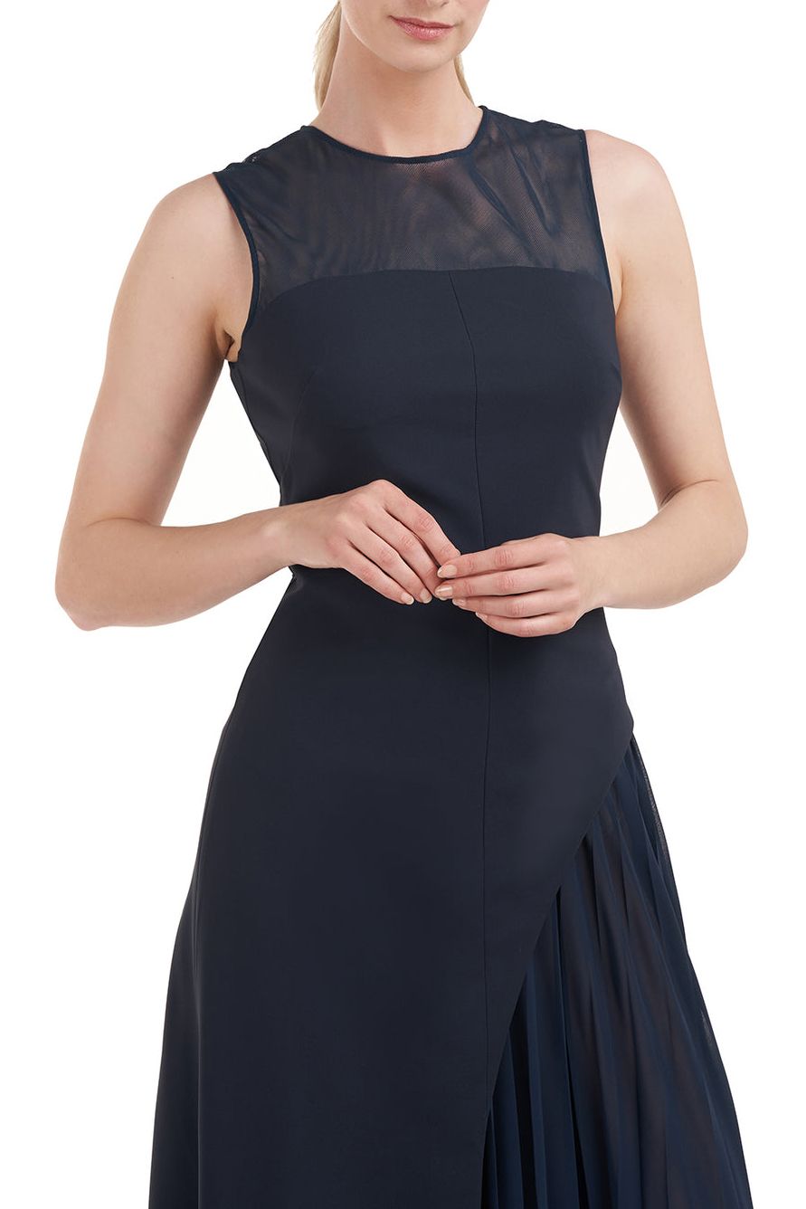 Kay Unger Illusion Jewel Neck Sleeveless Zipper Closure Asymmetrical Skirt Pleated Stretch Crepe Gown with Chiffon Underlay Kay Unger Illusion Jewel Neck Sleeveless Zipper Closure Asymmetrical Skirt Pleated Stretch Crepe Gown with Chiffon Underlay