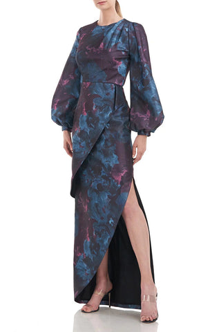 Kay Unger Crew Neck Pleated Shoulder Puffed Long Sleeve Open Slit Floral Jacquard Dress