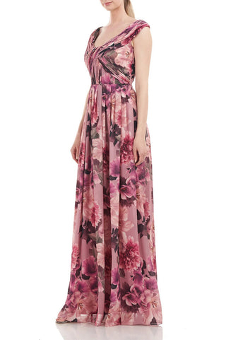 Kay Unger Scoop Neck Cap Sleeve Floral Print Pleated Chiffon Dress