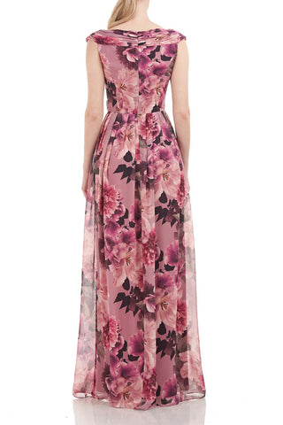 Kay Unger Scoop Neck Cap Sleeve Floral Print Pleated Chiffon Dress