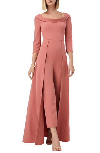 Kay Unger Fold Over Scoop Neck 3/4 Sleeve Solid Stretch Crepe Jumpsuit - DEEP ROSE - Front