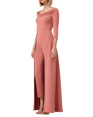Kay Unger Fold Over Scoop Neck 3/4 Sleeve Solid Stretch Crepe Jumpsuit - DEEP ROSE - Side