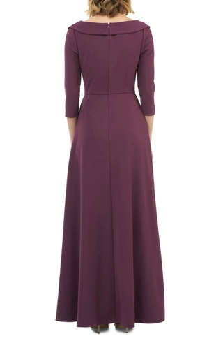 Kay Unger Fold Over Scoop Neck 3/4 Sleeve Solid Stretch Crepe Jumpsuit - PLUM - Back