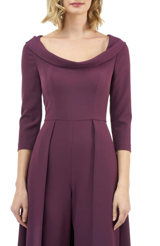 Kay Unger Fold Over Scoop Neck 3/4 Sleeve Solid Stretch Crepe Jumpsuit - PLUM - Front View
