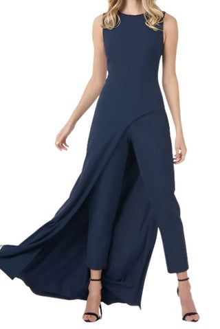 Kay Unger Jewel Neck Elbow Sleeve Fitted Bodice Cropped Pant Stretch Crepe Walk Thru Jumpsuit