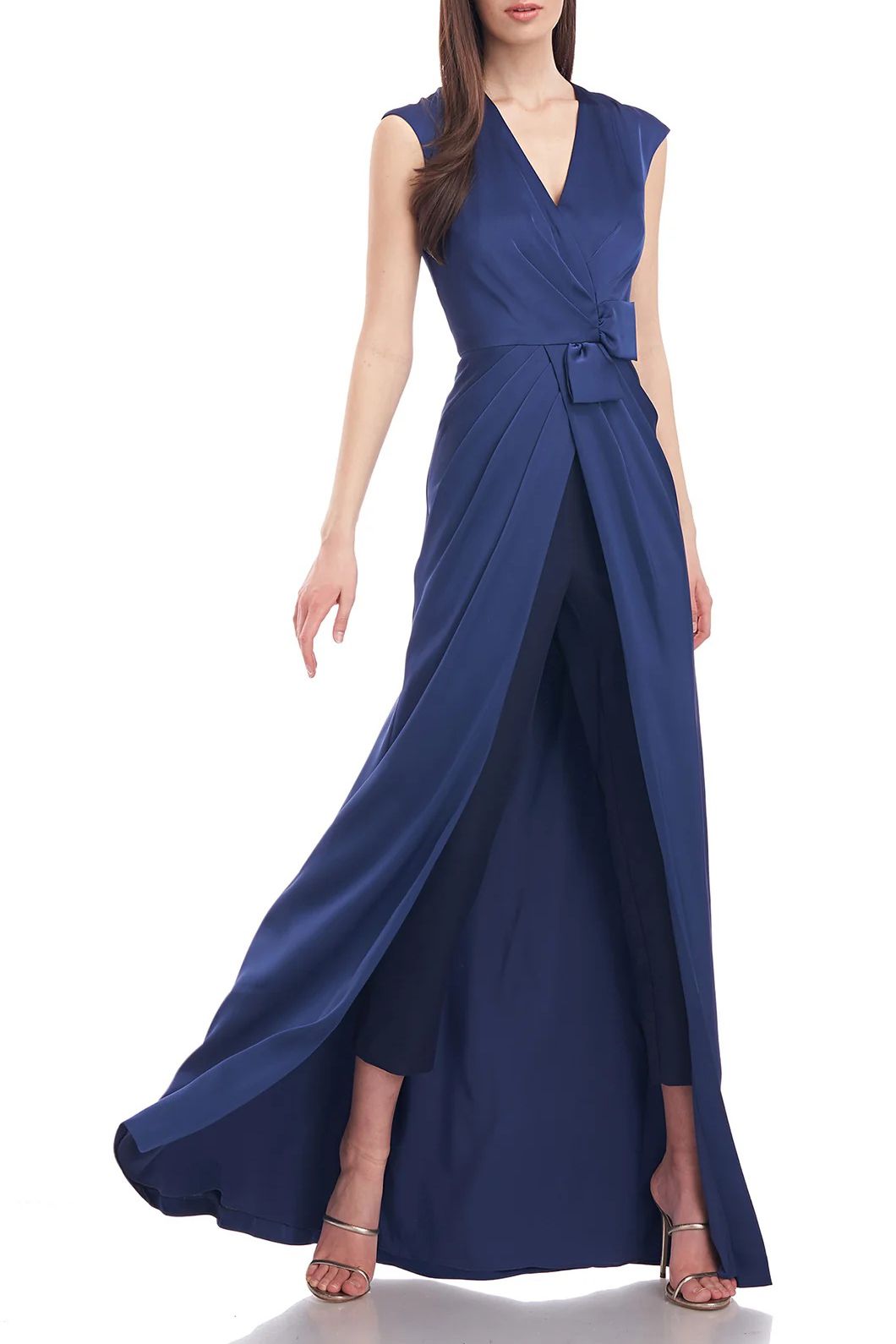 Kay Unger V-Neck Sleeveless Zipper Back Gathered Front Walk-Through Charmeuse Jumpsuit with Stretch Crepe Pant Kay Unger V-Neck Sleeveless Zipper Back Gathered Front Walk-Through Charmeuse Jumpsuit with Stretch Crepe Pant