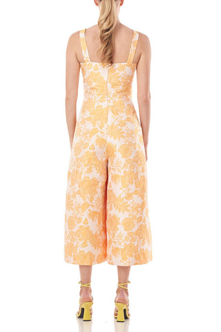 Kay Unger Sleeveless Square Neck Empire Waist Floral Two-Tone Jacquard Jumpsuit with Pockets