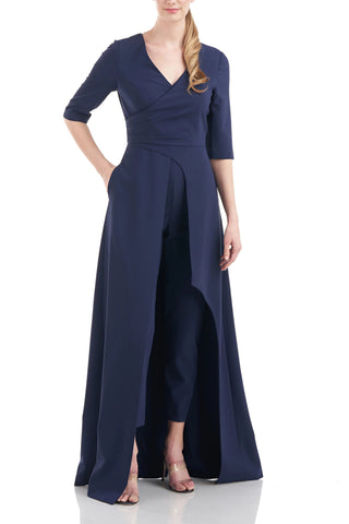Kay Unger V-Neck 3/4 Sleeve Solid Zipper Back Full-length skirt with walk-through front cutout Crepe