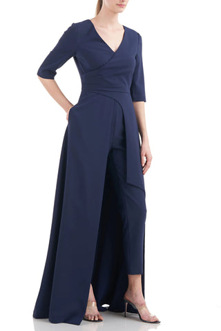 Kay Unger V-Neck 3/4 Sleeve Solid Zipper Back Full-length skirt with walk-through front cutout Crepe