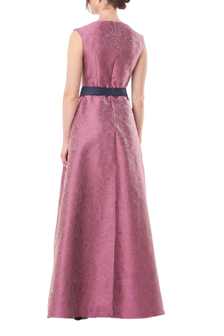 Kay Unger Square Neck Sleeveless Tie Waist Zipper Back Mikado Walk Through Jumpsuit With Stretch Crepe Pant - HEATHER ROSE - Back