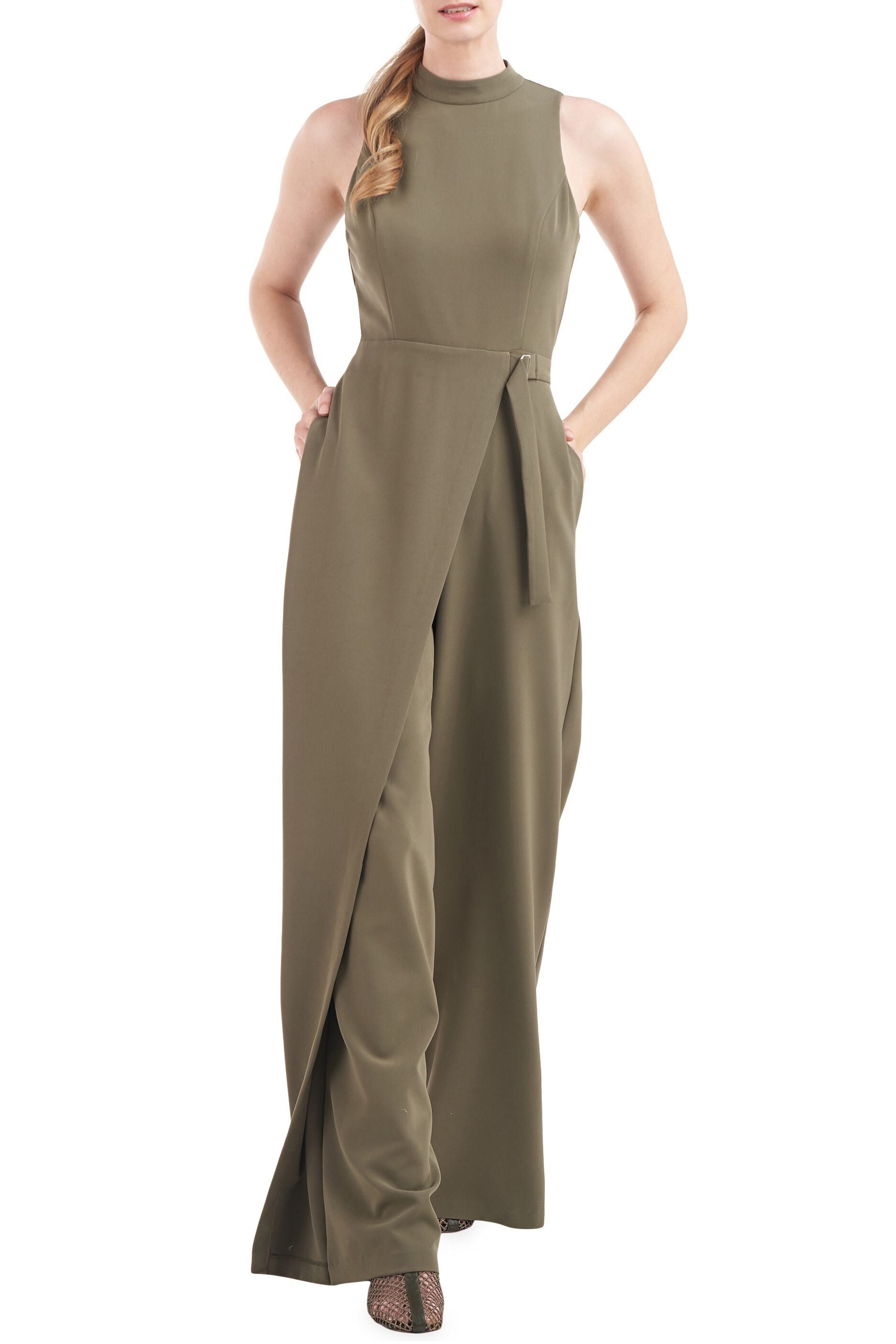 Kay Unger Mock Neck Sleeveless Asymmetrical Belted Overlay Wide Leg Stretch Crepe Jumpsuit Kay Unger Mock Neck Sleeveless Asymmetrical Belted Overlay Wide Leg Stretch Crepe Jumpsuit