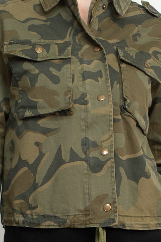 Velvet Heart Collared Snap Button & Zipper Closure Drawstring Hem Long Sleeve Multi Print Denim Jacket with Pockets