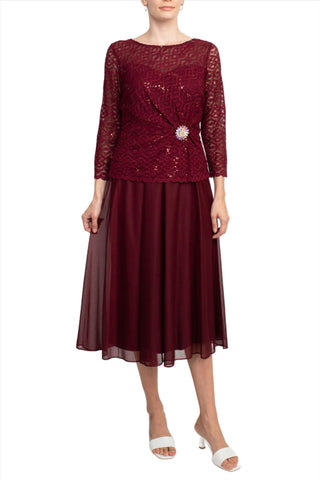 Cachet Boat Neck Long Sleeve Embroidered Top Brooch Detail Mesh Dress