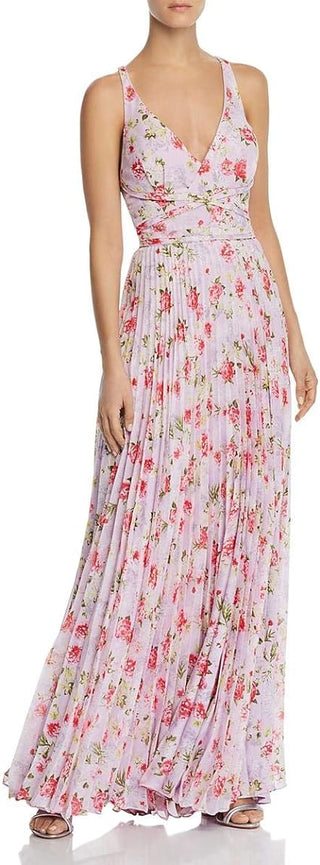 Laundry V-Neck Sleeveless Crossed Back Banded Ruched Floral Print Concealed Zipper Back Chiffon Maxi Dress