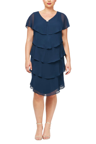 S.L. Fashions Short Sleeve Metallic Print Pebble Tier Chiffon Plus Size Dress_Navy_Front View