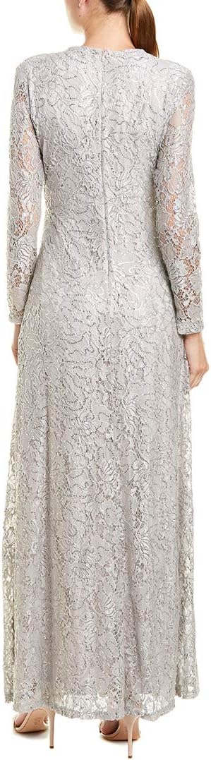 Tahari ASL Twist Front V-Neck Long Sleeve Concealed Zipper Back Sequined Lace Gown