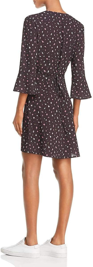 French Connection V-Neck 3/4 Sleeve Pleated Tie Waist Floral Print Faux-Wrap Polyester Dress