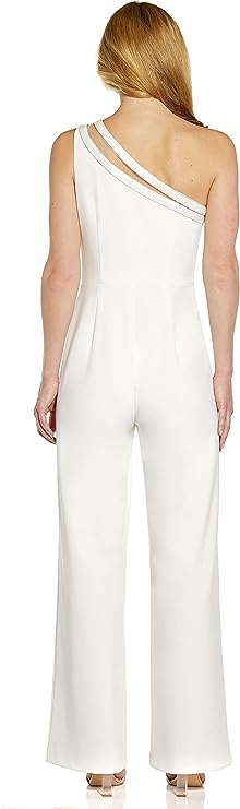 Adrianna Papell Embellished One Shoulder Zipper Side Straight Leg Solid Jumpsuit - IVORY - Back full view