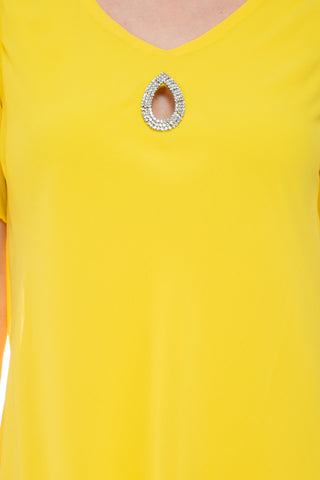 Marina crew neck embellished keyhole front short sleeve tiered solid chiffon dress