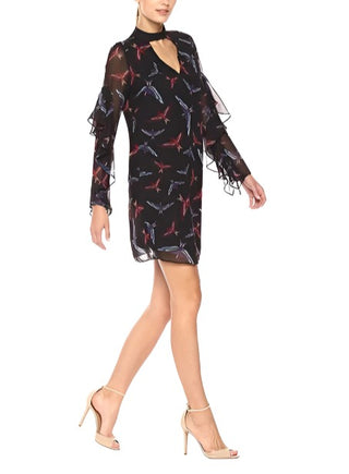 Sam Edelman High Neck Cutout Front Flutter Long Sleeve Zipper Back Bird Print Chiffon Dress
