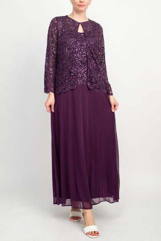 Marina Square Neck Sleeveless Sequin Lace Top Zipper Back with Jacket 2 Piece Set-Eggplant-Front_View1