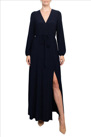 Marina V-Neck Long Sleeve Slit Front Solid Jersey Long Dress