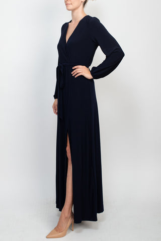 Marina V-Neck Long Sleeve Slit Front Solid Jersey Long Dress