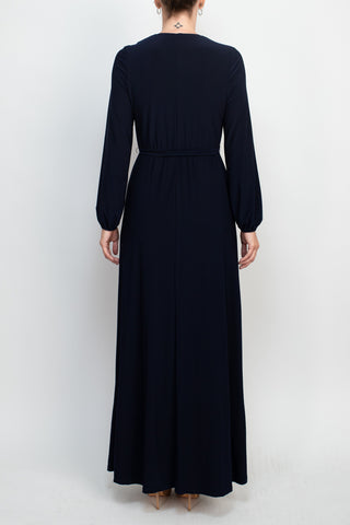 Marina V-Neck Long Sleeve Slit Front Solid Jersey Long Dress