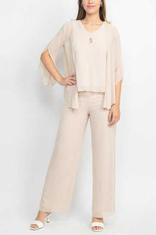 Marina V-Neck Sleeveless Embellished Keyhole Front Elastic Waist Straight Pants with 3-4 Sleeve Jacket (3pc Set)