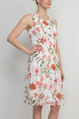 Studio One Crew Neck Sleeveless Bodycon Floral Print Chiffon Dress with 3/4 Sleeve Solid Crepe Bolero