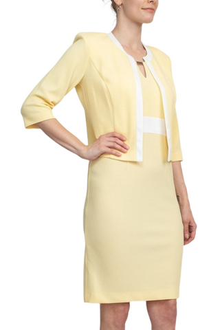 Studio One Scoop Neck Sleeveless Keyhole Banded Waist Bodycon Dress with Matching Jacket - Yellow White - Side view with jacket