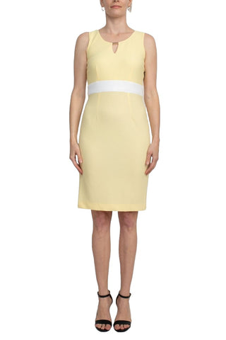 Studio One Scoop Neck Sleeveless Keyhole Banded Waist Bodycon Dress with Matching Jacket - Yellow White - Front full view without jacket